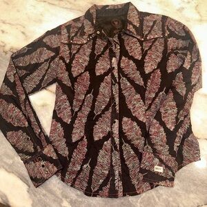 20X Western Feather Print Snap Button Rhinestones‎ Long Sleeve Shirt